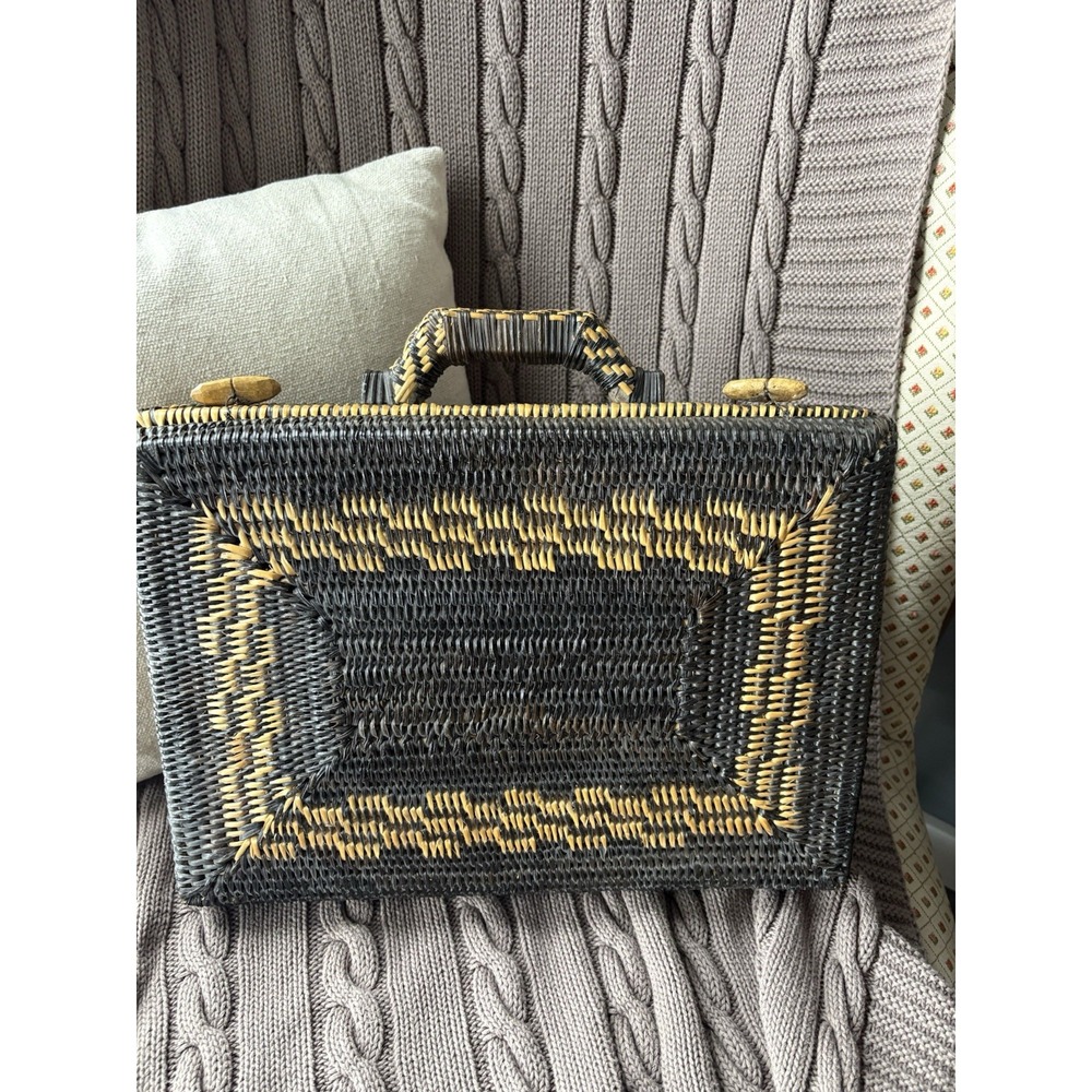 VTG Black Tan‎ 1960s Wicker Rattan Sewing Briefcase Handled Basket Wood Toggles
